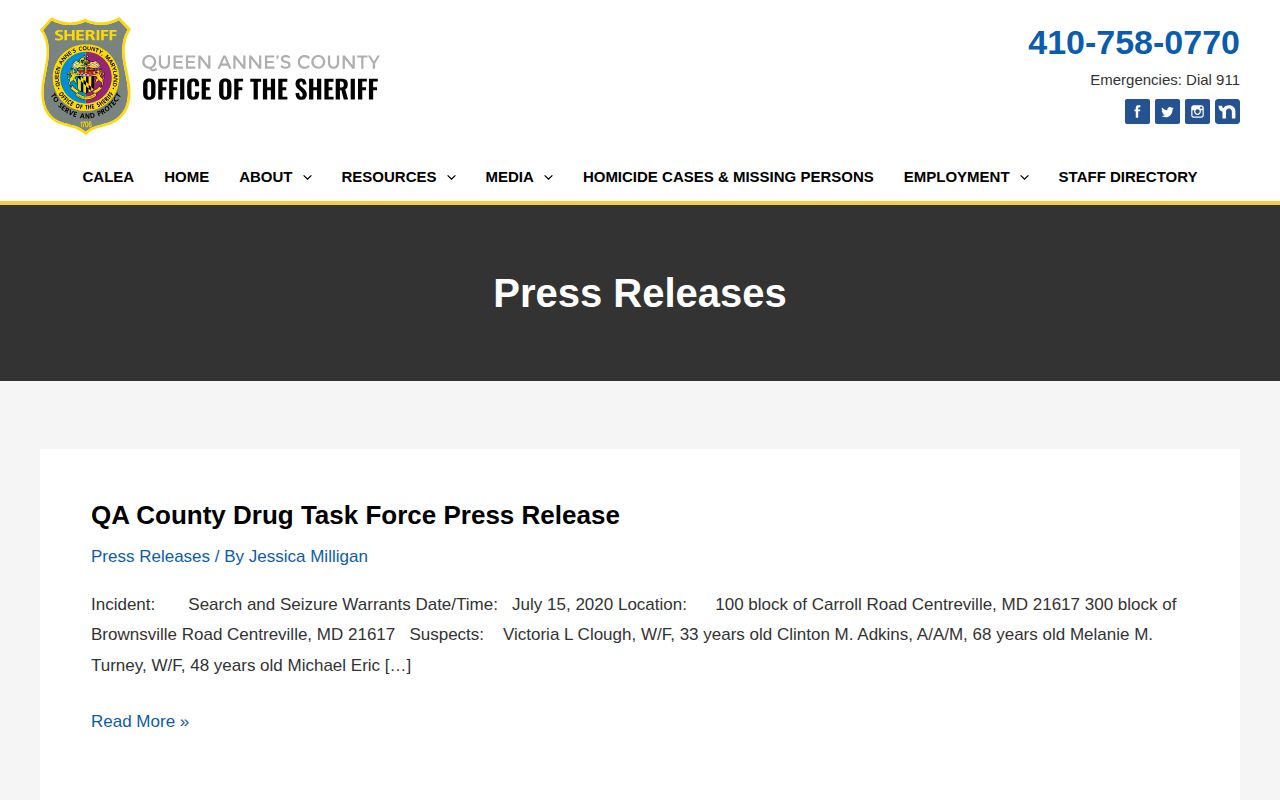 Queen Anne's County Sheriff arrest release archive