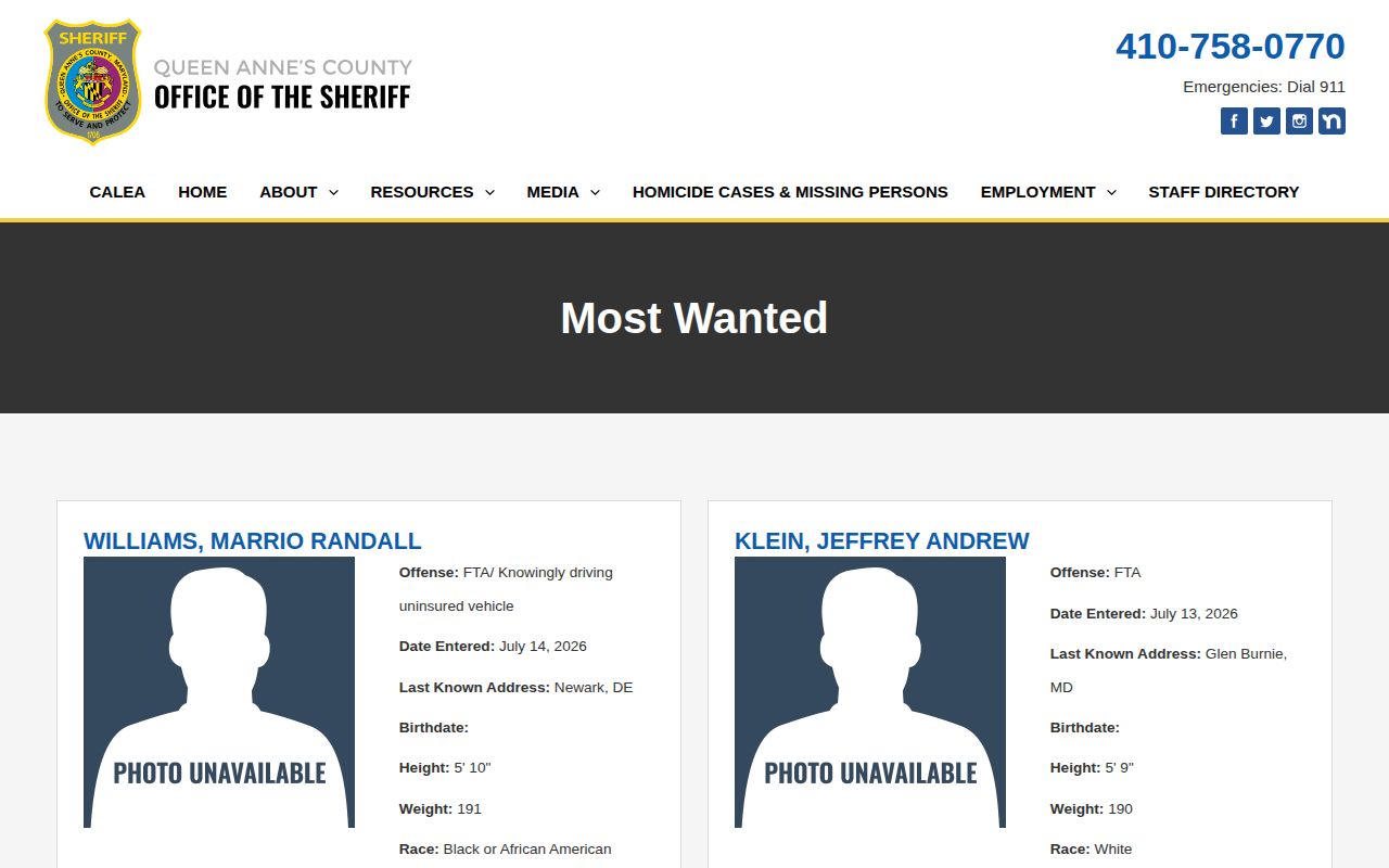 Queen Anne's County Sheriff most wanted records interface